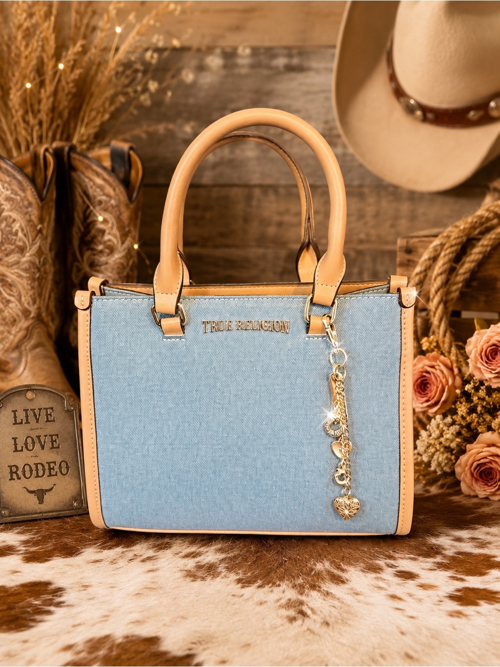 True Religion Light Blue Denim & Tan Leather Satchel with Heart Charm